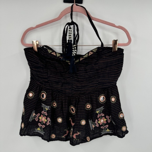 Free People Tops - Free‎ People Top Womens Small Black Pink Embroidered Boho Beaded Tassel Festival